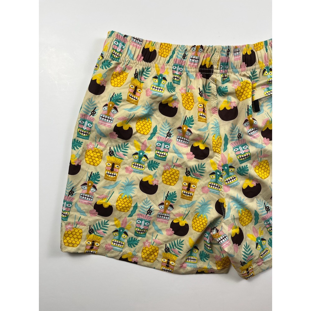 Two Left Feet Mens Tiki Cocktail Tropical Print Swim Trunks Tan Medium - Picture 6 of 9